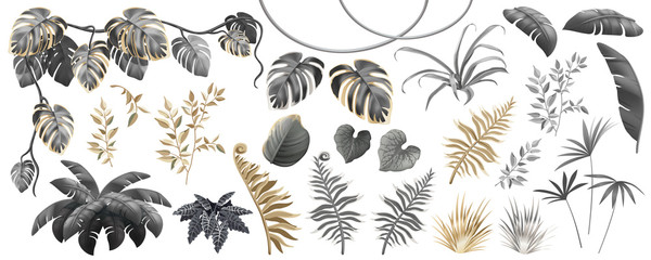 Set dark, gold and silver leaves of tropical exotic plants. Elements palm trees and lianas. Vector isolated 3d illustration.