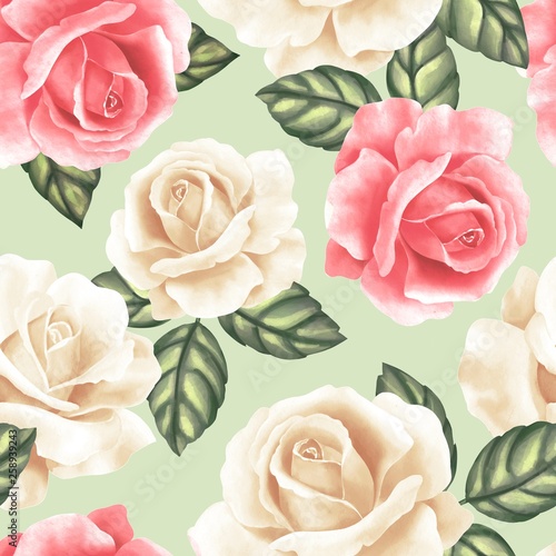 Seamless pattern with flowers and leaves. Delicate floral background with roses