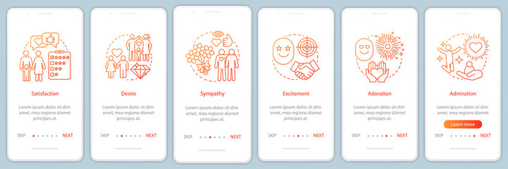 Relationship feelings onboarding mobile app page screen with linear concepts