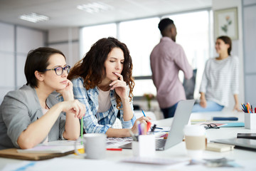 Wall Mural - Portrait of two contemporary women using laptop while collaborating on project in office, copy space