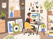 Female graphic designer, illustrator or freelance worker sitting at desk and work on computer at home. Creativity process, creative workplace. Modern vector illustration in flat cartoon style.