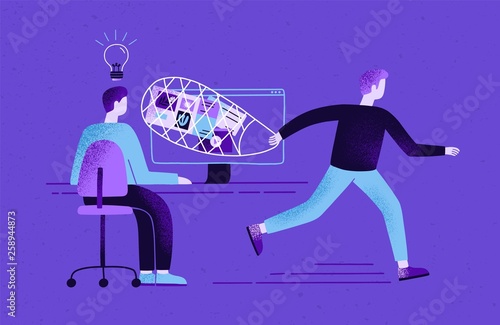 Cuadros en Lienzo Creator sitting at desk and working and plagiarist or pirate stealing his ideas, content, work results