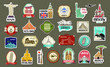 Travel hand drawn labels, tags, stickers and elements set with landmarks of the world.