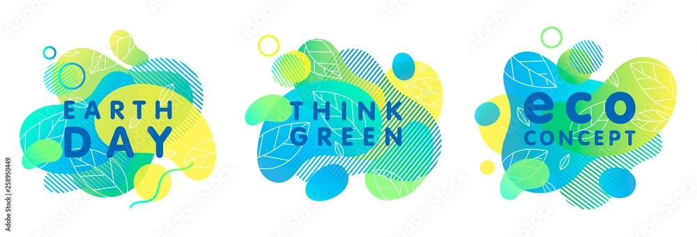 Set of trendy eco concepts with bright liquid shapes,tiny leaves and geometric elements.Fluid compositions perfect for Earth Day,prints,logos,flyers,banners design and more.Think green.Eco concepts. - obrazy, fototapety, plakaty 
