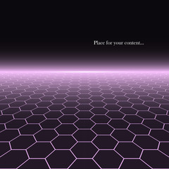 Abstract background with perspective. Digital futuristic design - retro 80-90s style. Hexagon grid neon surface