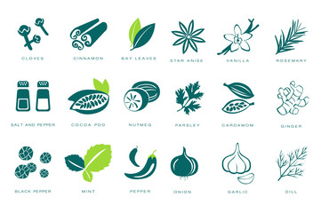 Fragrant spices linear icons set, seasonings with names vector Illustrations on a white background