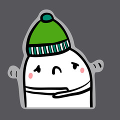 Wall Mural - Feeling cold hand drawn sticker illustration with cute marshmallow in green hat