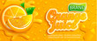 Fresh orange juice splash banner with apteitic drops from condensation, fruit slice on gradient orange background for brand,logo, template,label,emblem,store,packaging,advertising.Vector illustration