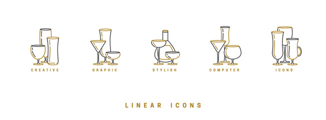 set icon wine glasses and bottle in linear style