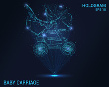 Baby Carriage Hologram. Digital And Technological Background Of The Stroller. Futuristic Baby Stroller Design.