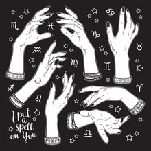 Hand Drawn Set Of Female Witches Hands In Different Poses. Flash Tattoo, Sticker, Patch Or Print Design Vector Illustration.