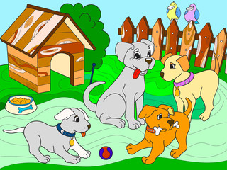 Sticker - Childrens color book cartoon family on nature. Mom dog and puppies children