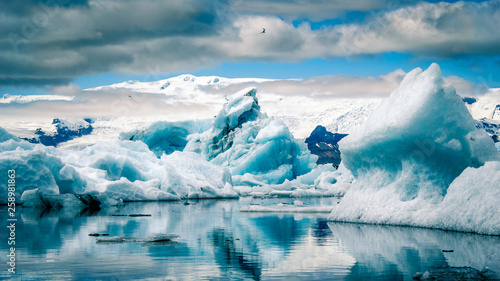 Fényképezés  Sich im blauen Wasser spiegelnde Eisberge in der Gletscherlagune Jökulsarlon im