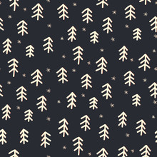 Abstract Doodle Trees White On Black Seamless Vector Pattern. Contemporary Hand Drawn Christmas Background Night Sky Black White. Trees And Stars Simple Backdrop. Scandinavian Winter Holiday Print. 