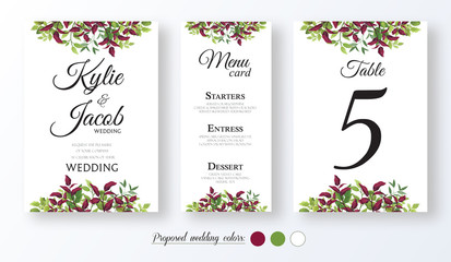 Wall Mural - Wedding Invitation, menu card, table number, Floral design with green and red (burgundy) leaves, foliage greenery decorative frame print. Vector elegant cute rustic greeting, invite, postcard 