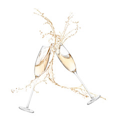 Glasses of champagne clinking together and splashing on white background