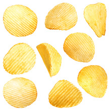 Set Of Tasty Ridged Potato Chips On White Background