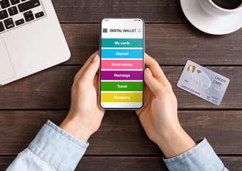 Poster - Woman holding smartphone with digital wallet application