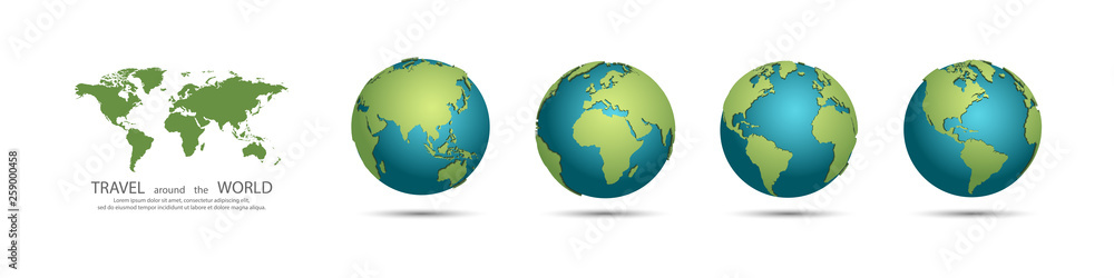Earth Globes collection. Set of 3d earth globes with shadow. Travel around the world concept - obrazy, fototapety, plakaty 
