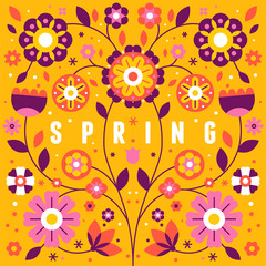 Wall Mural - Vector illustration with text spring in simple flat geometric and linear style