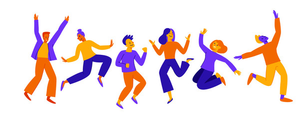 vector illustration in flat simple style - happy jumping team - smiling men and womenand joyful peop