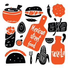 Wall Mural - Hand drawn illustration of different mexican street food, made in vector