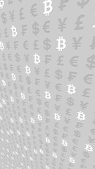  Bitcoin and currency on a gray background. Digital Cryptocurrency symbol. Business concept. Market Display. 3D illustration