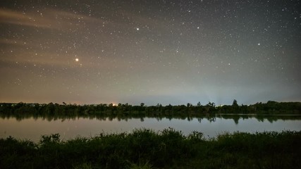 Starry night sky with stars moving over small lake in New Zealand nature Astronomy Time lapse 