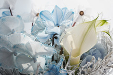 Bridal Bouquet In Blue White Colors, Closeup Flowers.