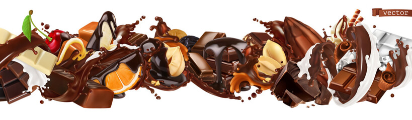 Wall Mural - Chocolate mix. Splashes with fruits, nuts, caramel and milk chocolate. 3d vector realistic set