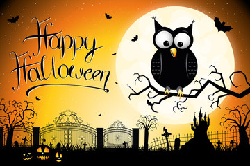 Sticker - Happy Halloween poster/ flyer with cartoon owl