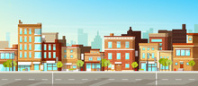 Modern City, Town Street Flat Vector With Low-rise Houses, Commercial, Public Buildings In Various Architecture Styles, Sidewalk With City Lights And Road Illustration. Metropolis Outskirt Background