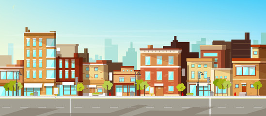 Modern city, town street flat vector with low-rise houses, commercial, public buildings in various architecture styles, sidewalk with city lights and road illustration. Metropolis outskirt background