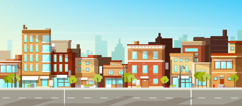 modern city, town street flat vector with low-rise houses, commercial, public buildings in various a