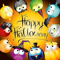 Wall Mural - Happy Halloween card with cartoon owls