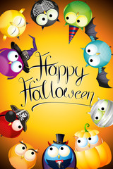 Sticker - Happy Halloween card with cartoon owls