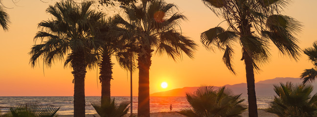 Silhouette of two people walking in the summer sea sunset of the beach.