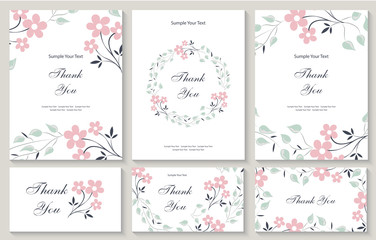 Wall Mural - Flower vector card. Template. Thank you. Blank wedding invitation, greeting card, banner. Flowers, leafs, pink rose. Decorative frame. Set.