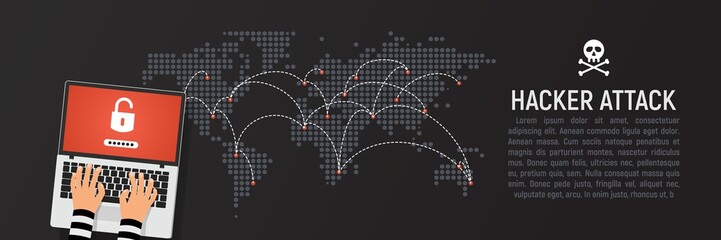 Global hacker attack world map vector illustration web banner rectangle template. World internet security in danger dark background in flat design. Internet phishing
