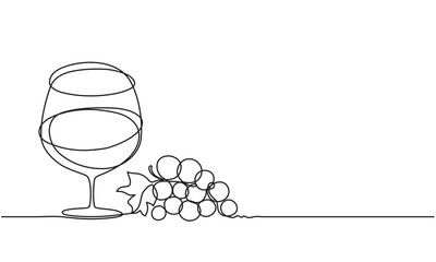 Wall Mural - Glass of wine and a bunch of grapes. Drawing by a continuous line.