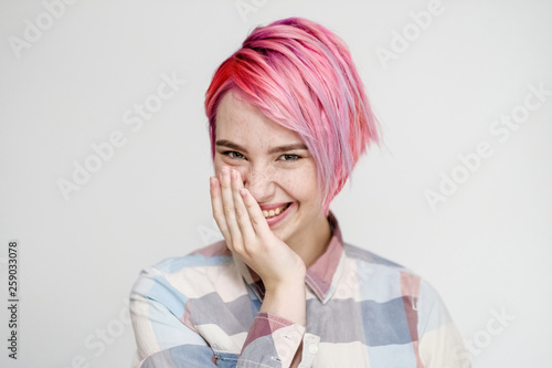 Young Beautiful Girl With A Short Hair Cut Pixie Bob Color