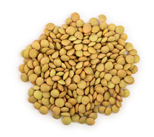 Pile Of Green Lentil Isolated On White Background. Top View