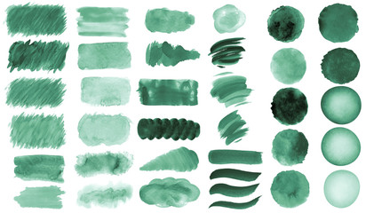 Wall Mural - Collection of hand-made green watercolor painted brushes, smears, blobs, stains, circles, stripes, stickers, spot, blots, slick, web buttons, patch backgrounds creative decorative elements Isolated