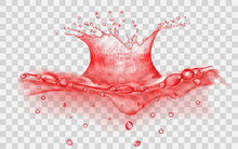 Translucent Water Surface With Crown And Drops From Falling Object. Splash In Red Colors, Isolated On Transparent Backdrop. Side View. Transparency Only In Vector File