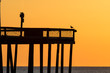 Tall pier in silhouette against a yellow sky at sunrise. Photo by: Chuck Beyer