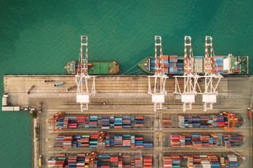 Aerial view sea port Container cargo loading ship in import export business logistic. Freight transportation. shipping business logistic. Trade Port and Shipping cargo to harbor.