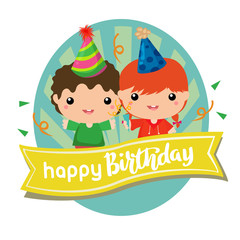 happy birthday label with two kids