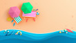 Top view beach background with umbrellas,balls,swim ring,sunglasses,surfboard, hat,sandals,juice,starfish and sea.