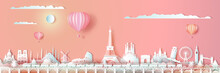 Traveling Europe Landmarks Of World With Train And Ballon.