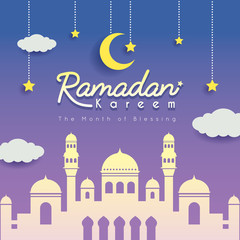 Sticker - Ramadan greeting card. Mosque silhouette with crescent moon, stars and clouds as background. Vector illustration. Ramadan Kareem means Ramadan the Generous Month.